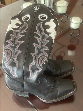 Tony Lama Black Western Heeled Cowboy Boots with White & Multicolor Stitching